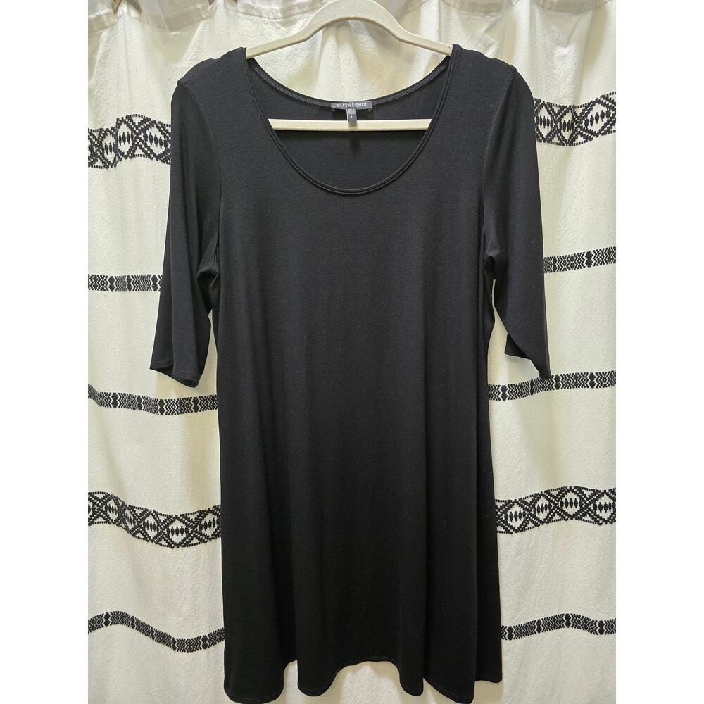Eileen Fisher black scoop neck‎ elbow sleeve mini shift dress large normcore